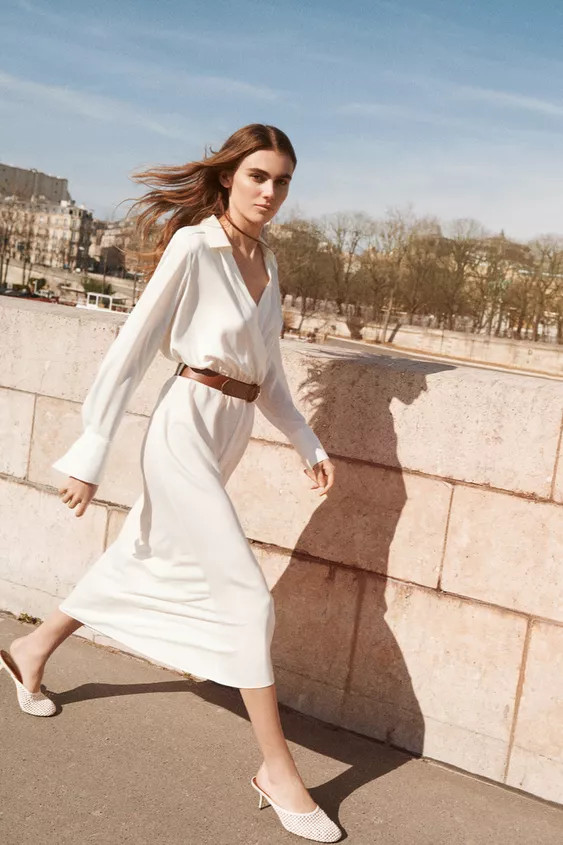 Midi dress with a lapel collar, surplice V-neck, and long sleeves. Elastic waist and belt. | Zara US