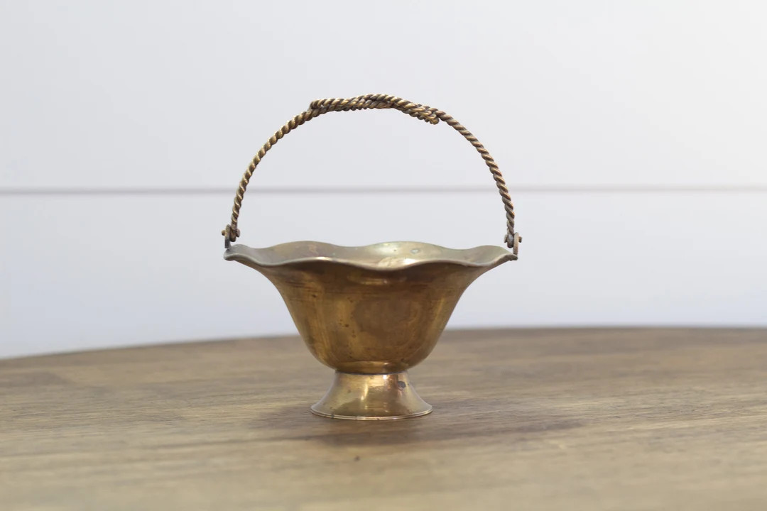 Vintage Brass Basket With Braided Handle - Etsy | Etsy (US)