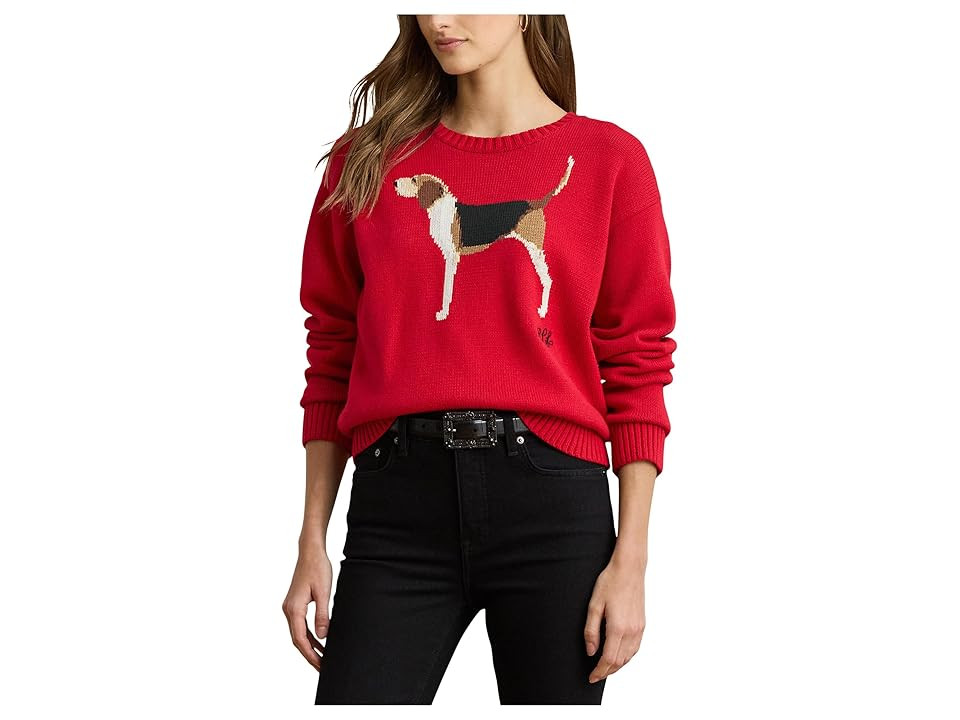 Lauren Ralph Lauren Intarsia-Knit Foxhound Cotton Sweater Women's Sweater Ralph Red : MD | Zappos