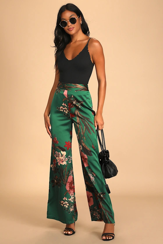 Thriving Vibes Green Floral Print Satin Wide-Leg Pants | Lulus
