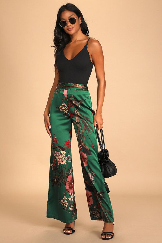 Thriving Vibes Green Floral Print Satin Wide-Leg Pants | Lulus (US)