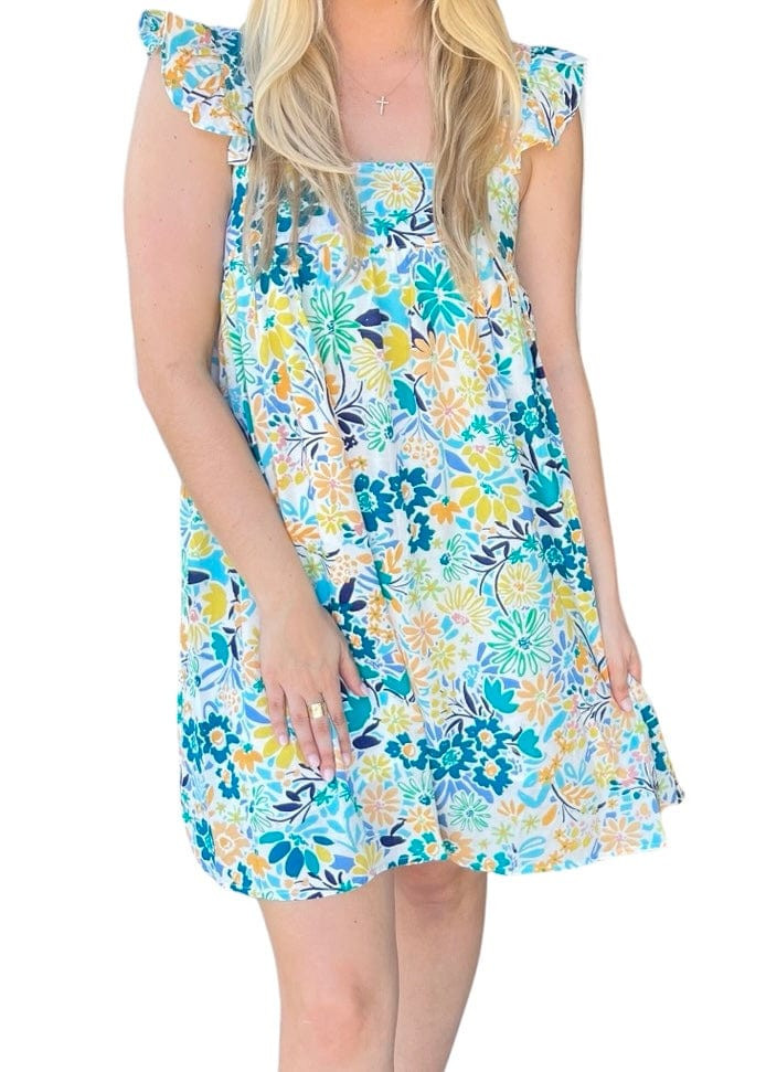 Multi blue summer floral babydoll dress | Mulberry & King