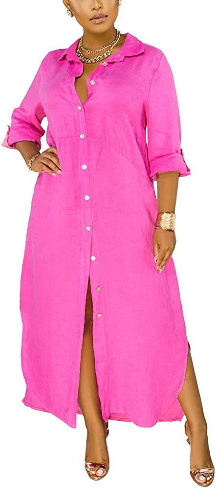 Women's Button Down Maxi Shirts - Casual Loose Long Sleeve Roll Up Shirt Dress Split Dresses | Amazon (US)