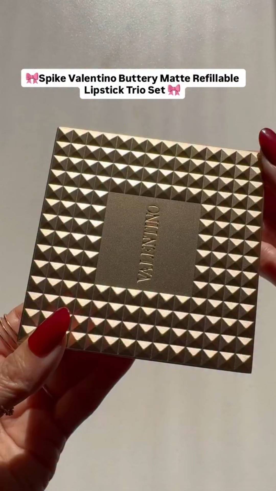 Introducing Spike Valentino Buttery Matte Refillable Lipstick Trio Set. A Limited-Edition set of three full size buttery matte lip colors in a studded couture clutch as a stunning  go-to accessory. The set has a mix of vibrant nudes and red shades:

✨ 123R Spike a Pose - beautiful mauve nude

✨ 134R Couture in the Streets - rosy beige nude

✨ 200A Red Fiesta - gorgeous poppy red

These Buttery Matte Lipsticks are infused with light-diffusing gel for a creamy matte finish and cotton oil extract to keep lips looking hydrated and smooth.They are comfortable to wear all day and the color payoff is amazing. They are also very hydrating and I love the bullet shape, it is easy to be precise with so you can skip the liner if you like. The gold studded packaging is luxurious and the magnetic closure is practical and fun. 

Would make for such a nice Holiday gift for yourself or someone you love !!

#LTKHoliday #LTKBeauty #LTKGiftGuide