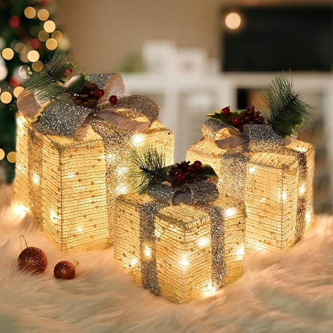 Set of 3 Christmas Lighted Gift Boxes Decorations, Pre-lit 60LED Warm Boxes with Warm White Light... | Amazon (US)