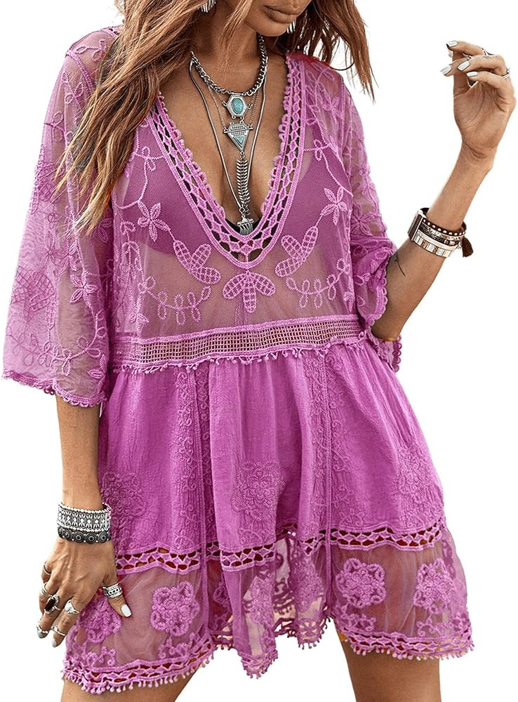 Eomenie Traje de baño de encaje en contraste para mujer, salida de baño con cuello en V, salida... | Amazon (US)