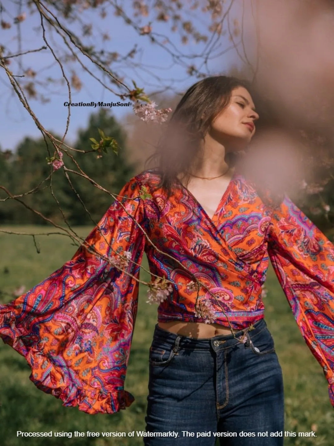 Recycled Silk Wrap Blouse | Boho Bell Sleeve Top | Hippie Wrap Top | Crop Blouse | Flare Top | Be... | Etsy (US)