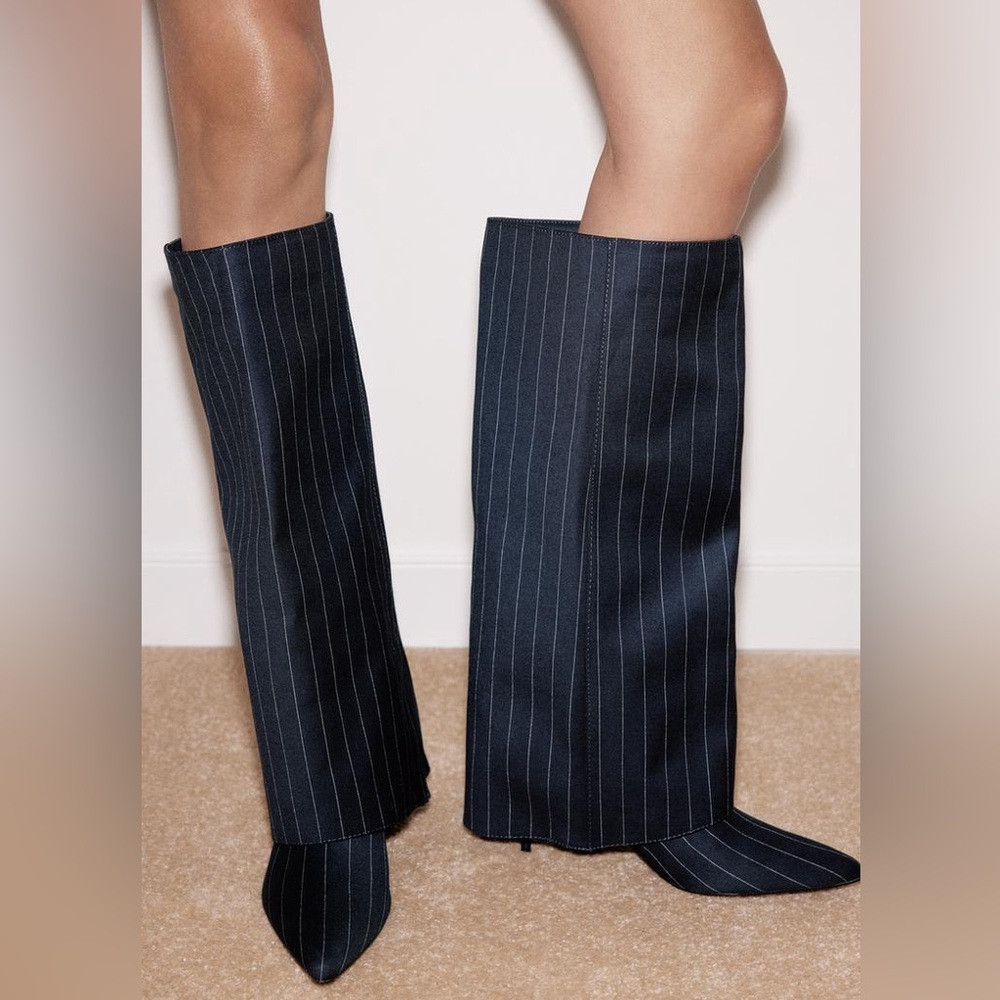 Zara Tall Fabric Boots Striped Gaiter detail Pointed toe Blue/White Size 35 NEW | Poshmark