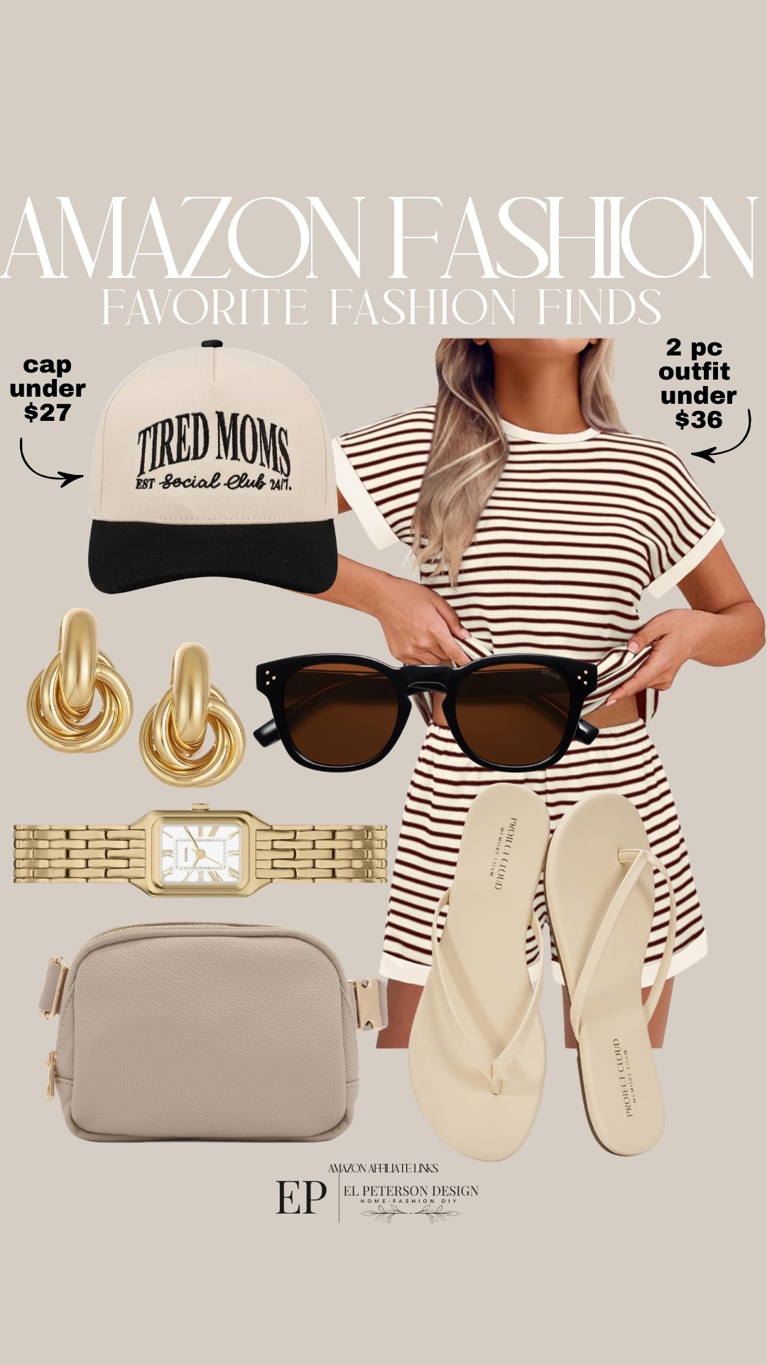 Ama Fashion
2 short set
Sunglasses
Cap
Belt bag
Earrings 
Watch
Sandals 