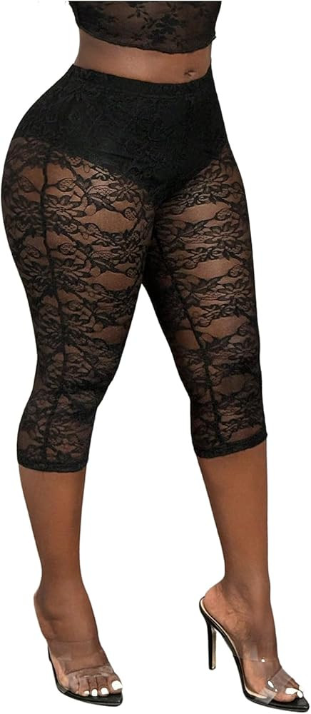 Milumia Women's See Through Lace Leggings Sexy High Waist Sheer Capri Pants Rave Outfit | Amazon (US)