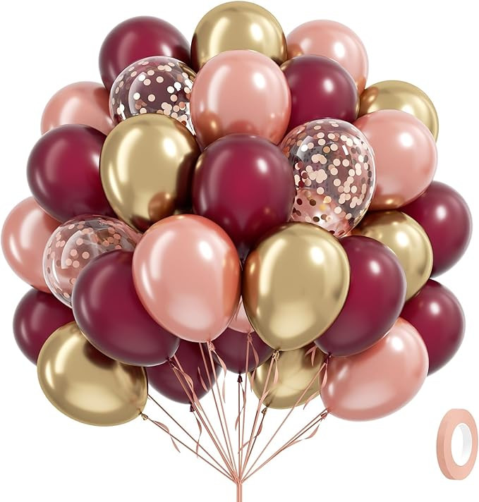 60pcs Burgundy and gold Balloons 12inch with Maroon Pearl Rose Gold Confetti Metallic Gold Balloo... | Amazon (US)