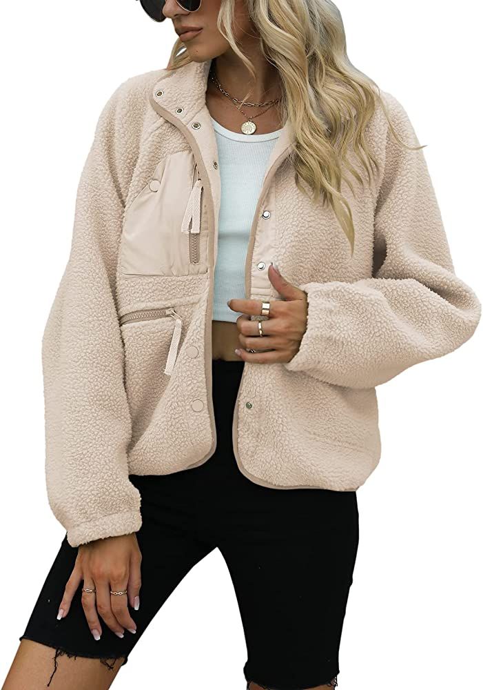Yanekop Womens Fleece Jacket Fuzzy Long Sleeve Short Coats Button Down Sherpa Outerwear with Pock... | Amazon (US)