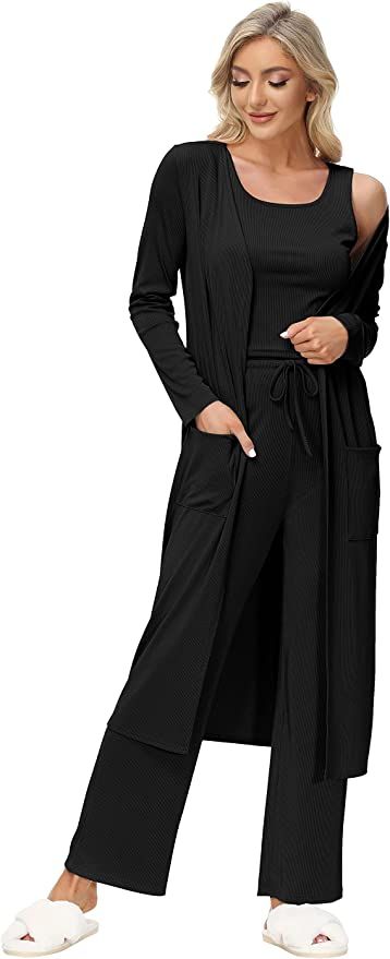 GRACE KARIN Womens 3 Piece Loungewear Set Crop Vest High Waist Shorts and Long Cardigan Pajamas S... | Amazon (US)