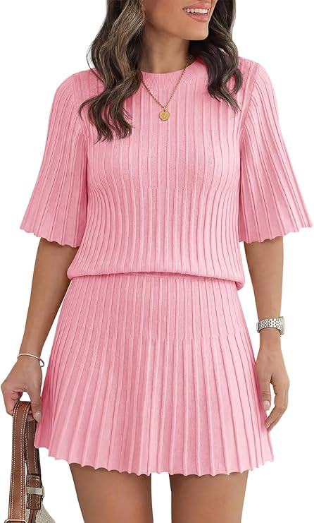 Saodimallsu Womens Sweater Sets 2 Piece Outfits Summer Half Sleeve Ribbed Knit Top and Pleated Sk... | Amazon (US)