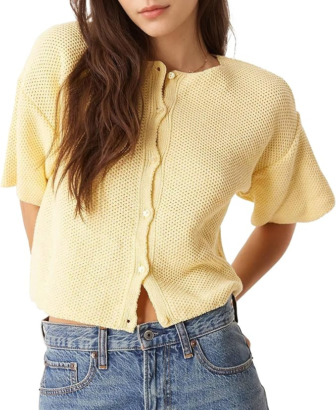 Ainangua Womens Casual Cardigan Summer Short Sleeve Crew Neck Button Down Knit Sweater Tops Light... | Amazon (US)