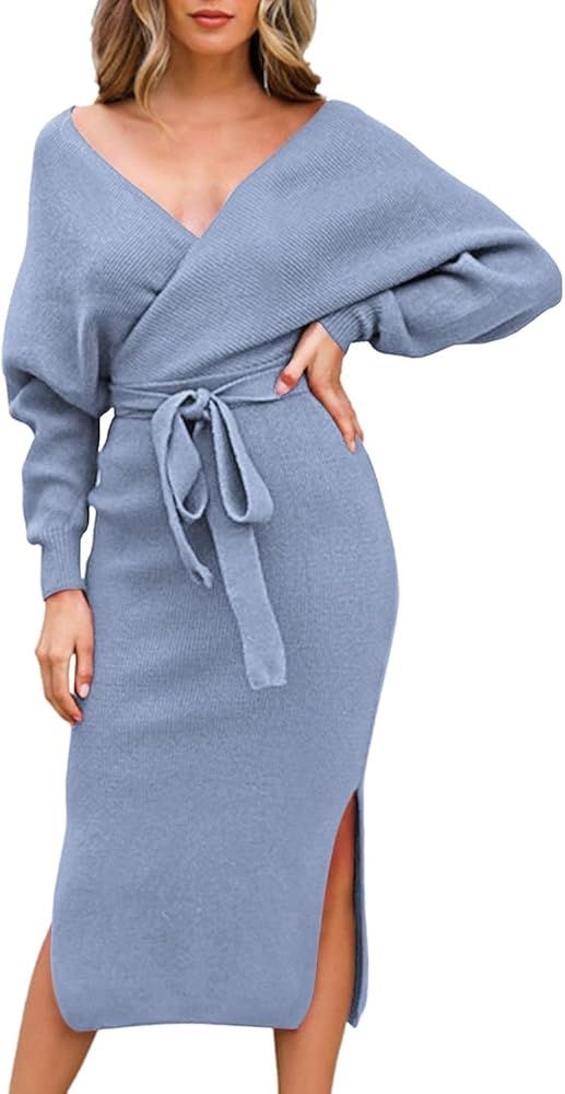VamJump Women's V Neck Sweater Dress Casual Batwing Sleeve Wrap Front Backless Tie Waist Bodycon ... | Amazon (US)