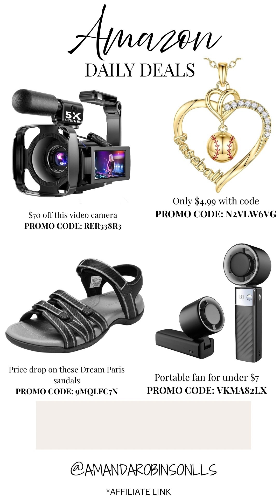 Amazon daily deals
Video camera 
Baseball necklace 
Sports sandals
Portable fan 

#LTKSaleAlert