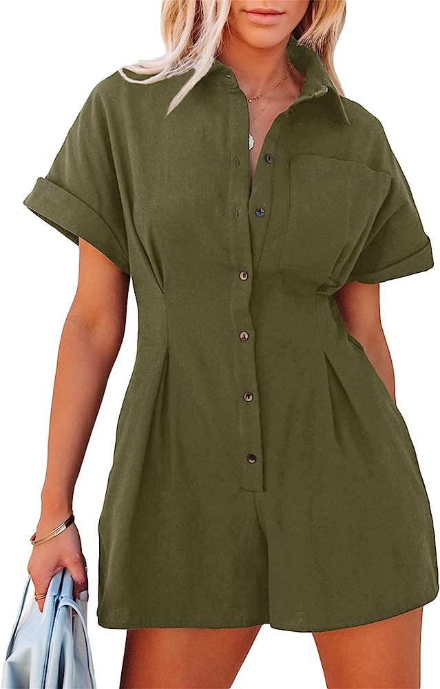 Women's Summer Short Sleeve V Neck Button Down Jumpsuits Rompers With Pockets | Amazon (US)