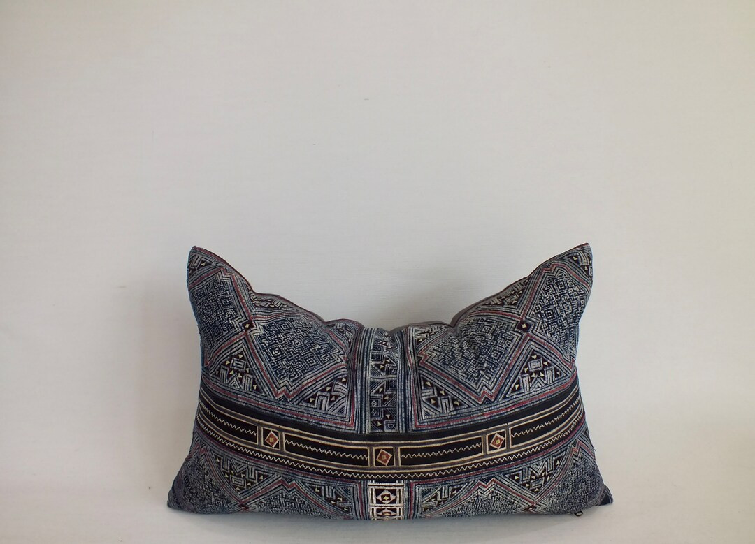 Grey Blue Batik Indigo Cushion Cover Textile Decorative Bolster Pillow Lumbar Hmong Fabric Home D... | Etsy (US)
