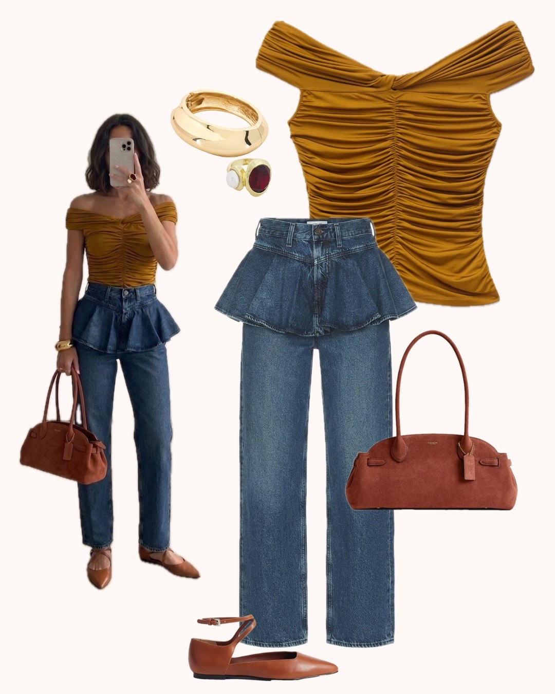 There are colors that feel like a second skin — warm, grounding, effortlessly you. Ochre and cognac together is one of those combinations that looks considered without trying too hard. The peplum denim does all the heavy lifting on the bottom, which means the top just gets to be beautiful. Some outfits are an event. This one is a conversation ✨ 

 #LTKeurope #LTKitalia #LTKjeans
