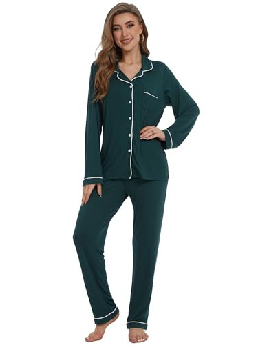 Yoolfine Button Up Pajamas for Women Long Sleeve Sleepwear Soft Loungewear Ladies Pjs Set, Green, XX-Large | Amazon (US)