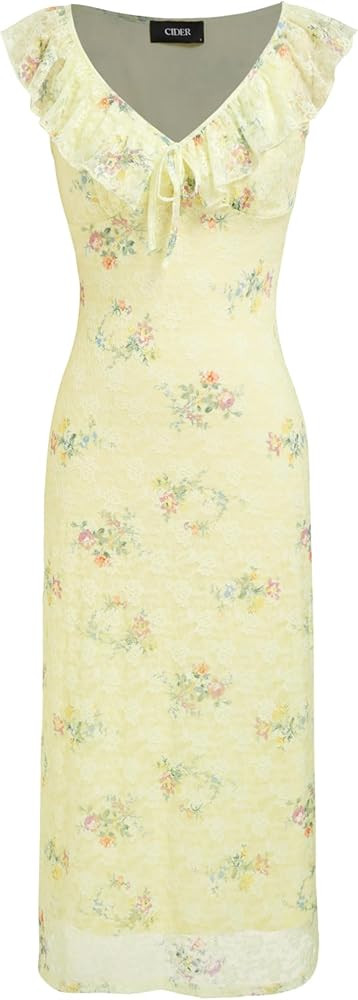 CIDER Women's Summer Floral Wedding Guest Dress Formal Ruffle Cocktail Dresses Cute V Neck Maxi D... | Amazon (US)