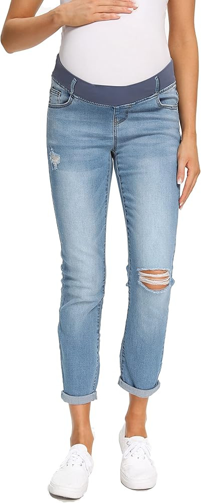 Foucome Women's Maternity Jeans Stretch Ripped Boyfriend Jeans Pregnancy Denim Pants with Pockets | Amazon (US)
