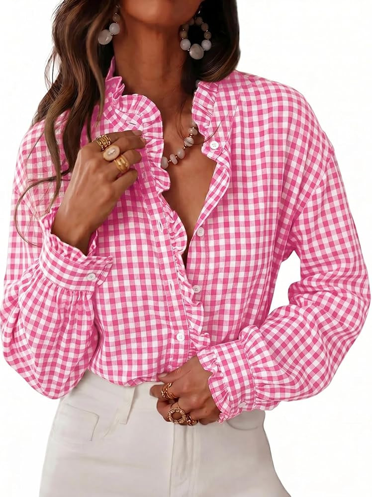Cicy Bell Womens Plaid Shirts Ruffle Puff Long Sleeve V Neck Gingham Tops     Trendy Casual, Butt... | Amazon (US)