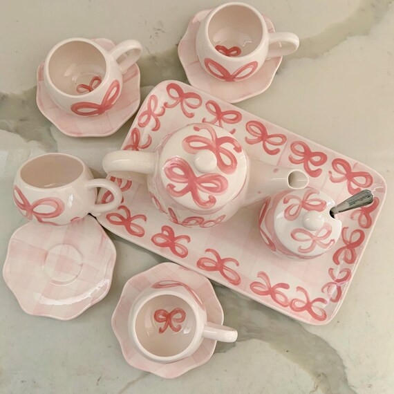 little girls personalized gingham tea set with tray  // preppy pink gingham and bows design // tb... | Etsy (US)