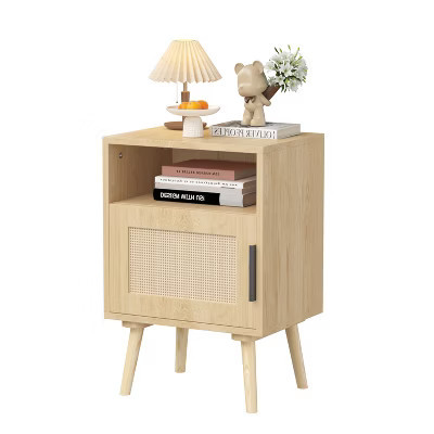 KTMBDW Rattan Nightstand, Side Table with Door Open Shelf, Accent Bedside End Table with Solid Wood Legs for Bedroom, Dorm and Small Spaces, Natural | Target