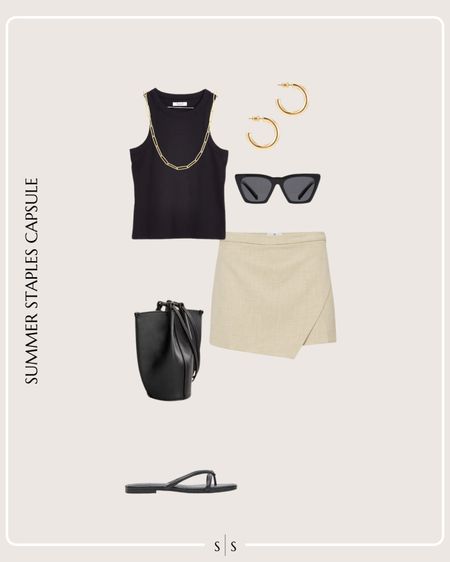 Summer Staples Capsule Wardrobe outfit idea | black tank, neutral skort, mini bucket bag, black slide sandal, chain necklace, sunglasses, gold hoops

See the entire Summer Staples Capsule Wardrobe on thesarahstories.com ✨ 


#LTKStyleTip