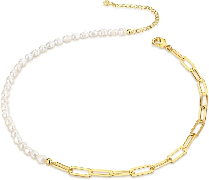 shownii Natural Pearl Necklace for Women,14K Real Gold Plated Paper Clip Freshwater Pearl Choker ... | Amazon (US)