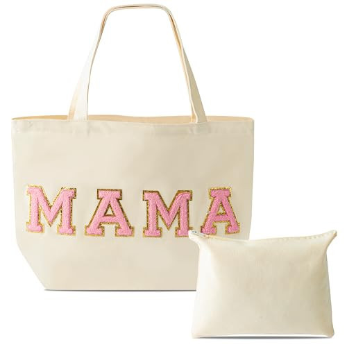 B1ykin Mother's Day 2Pcs Pink Mama Chenille Letter Patches Canvas Tote Bag, Appreciation Gift Bag with Linen Color Zipper Pocket, Travel Handbag Zipper Pouch for Women Mother Birthday Party Shopping | Amazon (US)