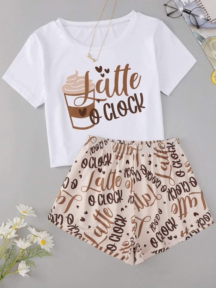 Letter & Heart Print Tee With Shorts PJ Set | SHEIN