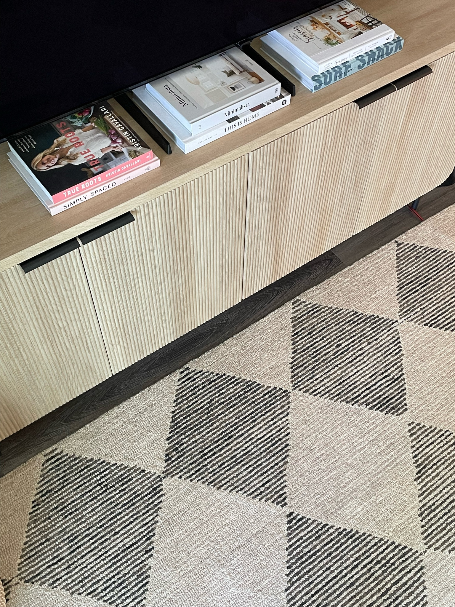 Living room decor / Walker Edison media console / TV stand / checkered rug / Chris loves Julia rug

#LTKHome