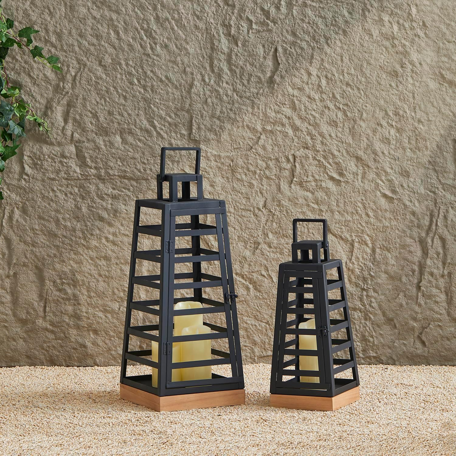 Glitzhome Set of 2 Modern Trapezoid Metal/Wood Hanging Lanterns, Decorative Candle Holder Lantern... | Amazon (US)
