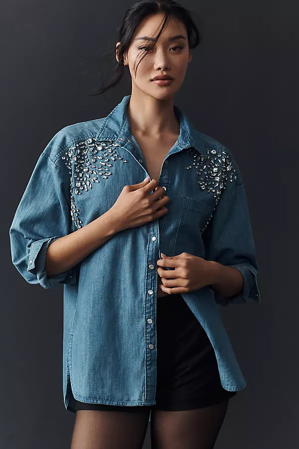 Crystal-Embellished Denim Buttondown Shirt | Anthropologie (US)