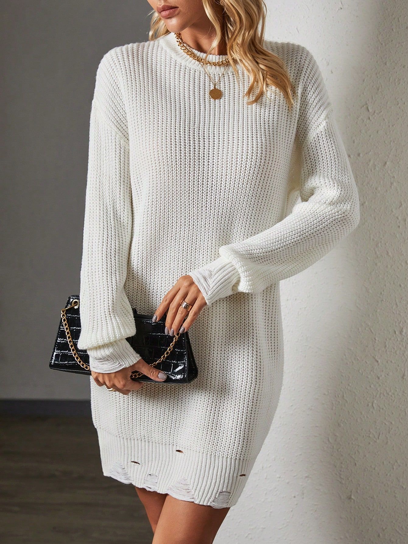 SHEIN Essnce Drop Shoulder Ripped Sweater Dress | SHEIN