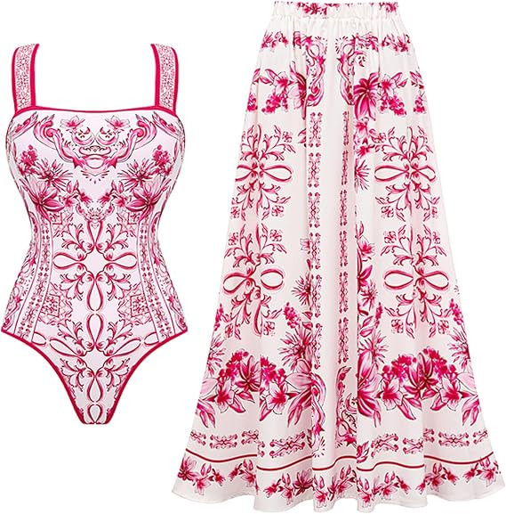 FLAXMAKER Lily and Majolica Series Intertwine Pattern Print Sling One Piece Swimsuit and Skirt | Amazon (US)