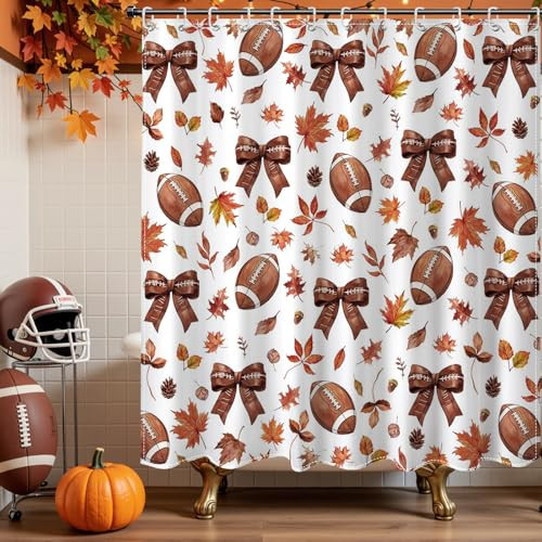 Mocsicka Fall Shower Curtain for Bathroom, Funny Autumn Football Fallen Leaves Bow Shower Curtain with 12 Hooks Waterproof Fabric Bath Curtain for Fall Bathroom Decor, 72 X 72 Inch | Amazon (US)