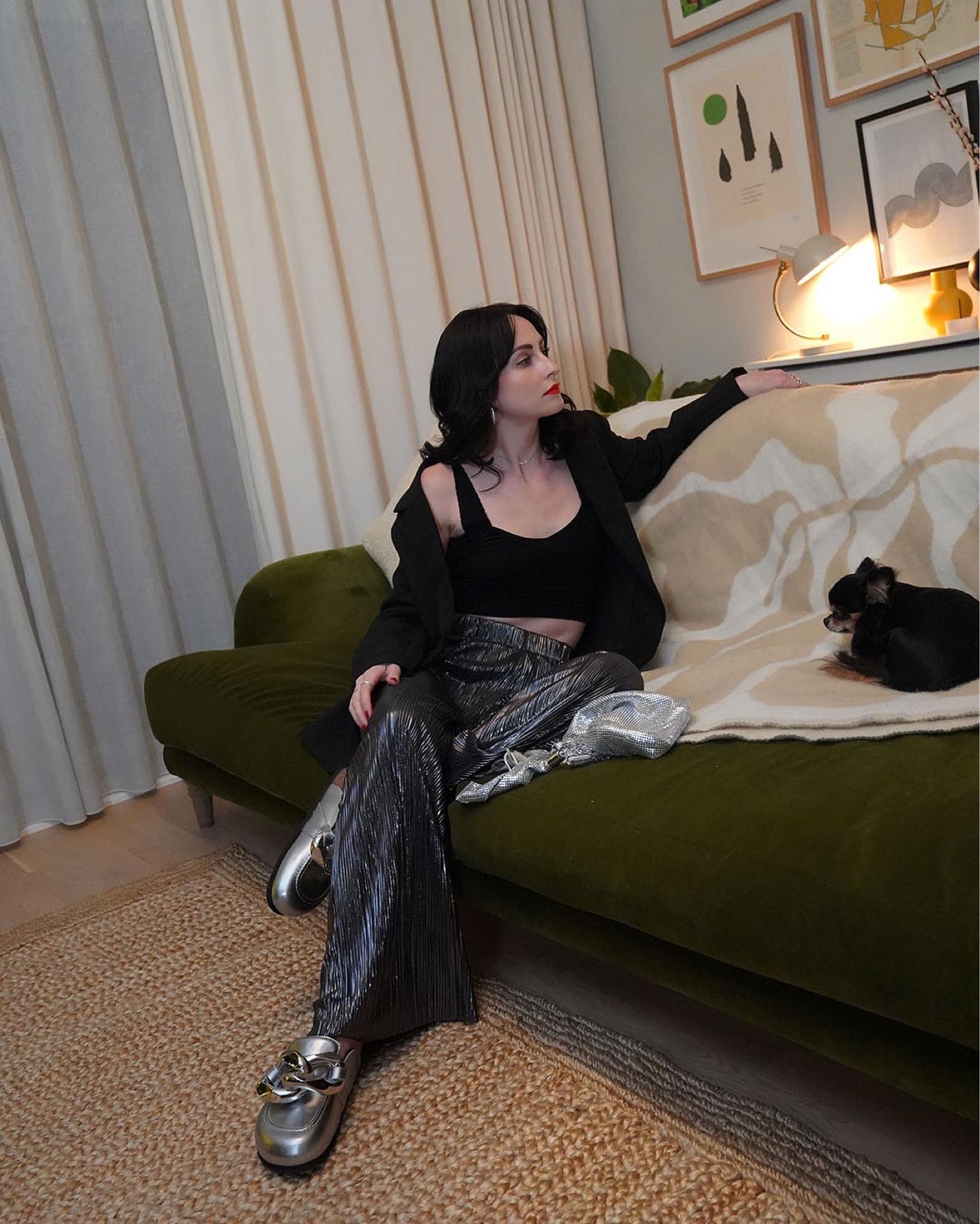 pleated trousers by hush 
metallic bag by hush 
black blazer by hush 
silver mules by jw anderson 
party season 
New Year’s Eve outfits 

#LTKeurope #LTKstyletip #LTKSeasonal