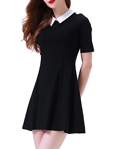 Aphratti Short Sleeve Peter Pan Collar Skater Dress, black dress with white collar