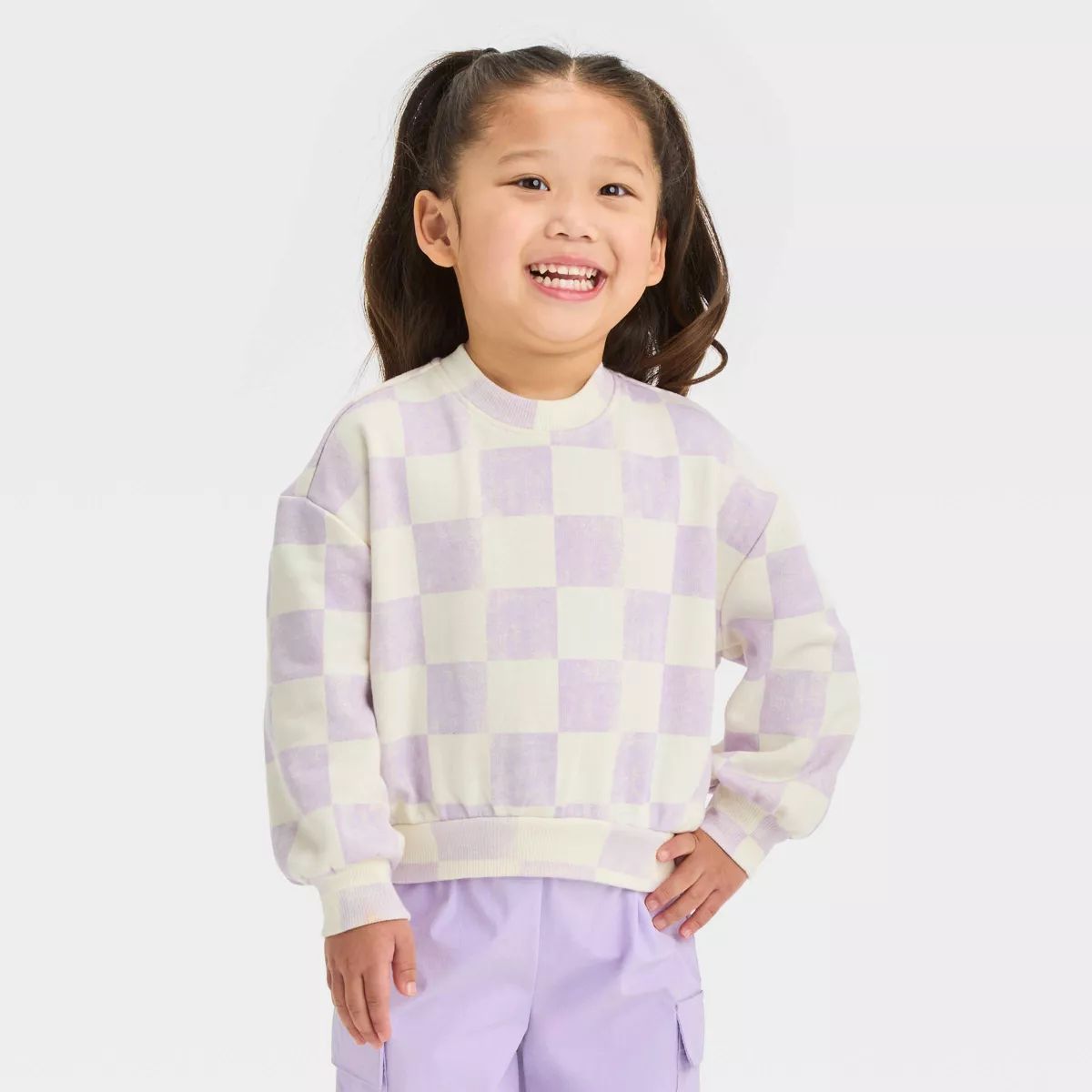 Grayson Mini Toddler Girls' Oversized French Terry Checkered Crewneck Sweatshirt - Purple | Target