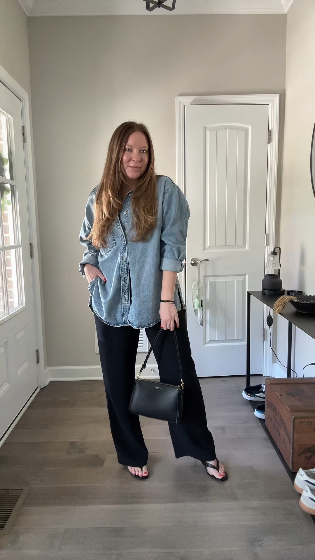 Oversized denim shirt 
Black wide leg no wrinkle pants 
Thong sandals 
Evil eye necklace 

#LTKWorkwear #LTKdayinmylife #LTKootd