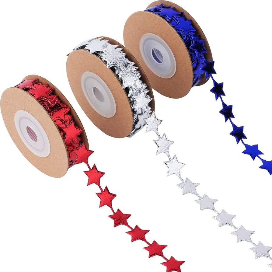 3 Rolls Patriotic Star Ribbon 15 Yards - Red White Blue Metallic 0.59" Stars for 4th July Cake De... | Amazon (US)