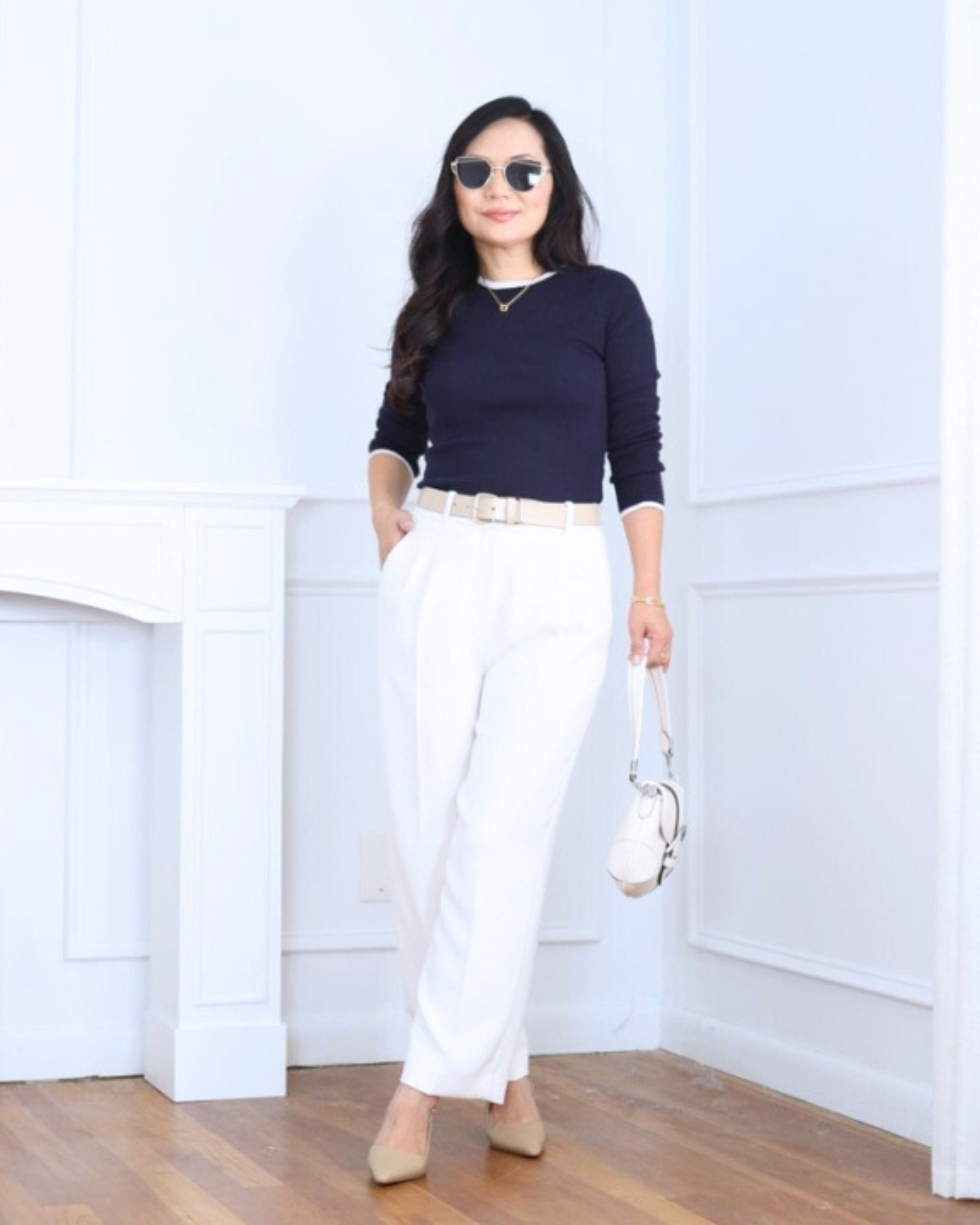 This navy sweater from H&M is such a comfy classic that always feels put-together. I paired it with white palazzo pants from Amazon for a relaxed but polished vibe, then added a bag from Quince to finish the look with an easy touch of chic. I’m 5’2, wearing size S.

#LTKPetite #LTKOver40 #LTKStyleTip