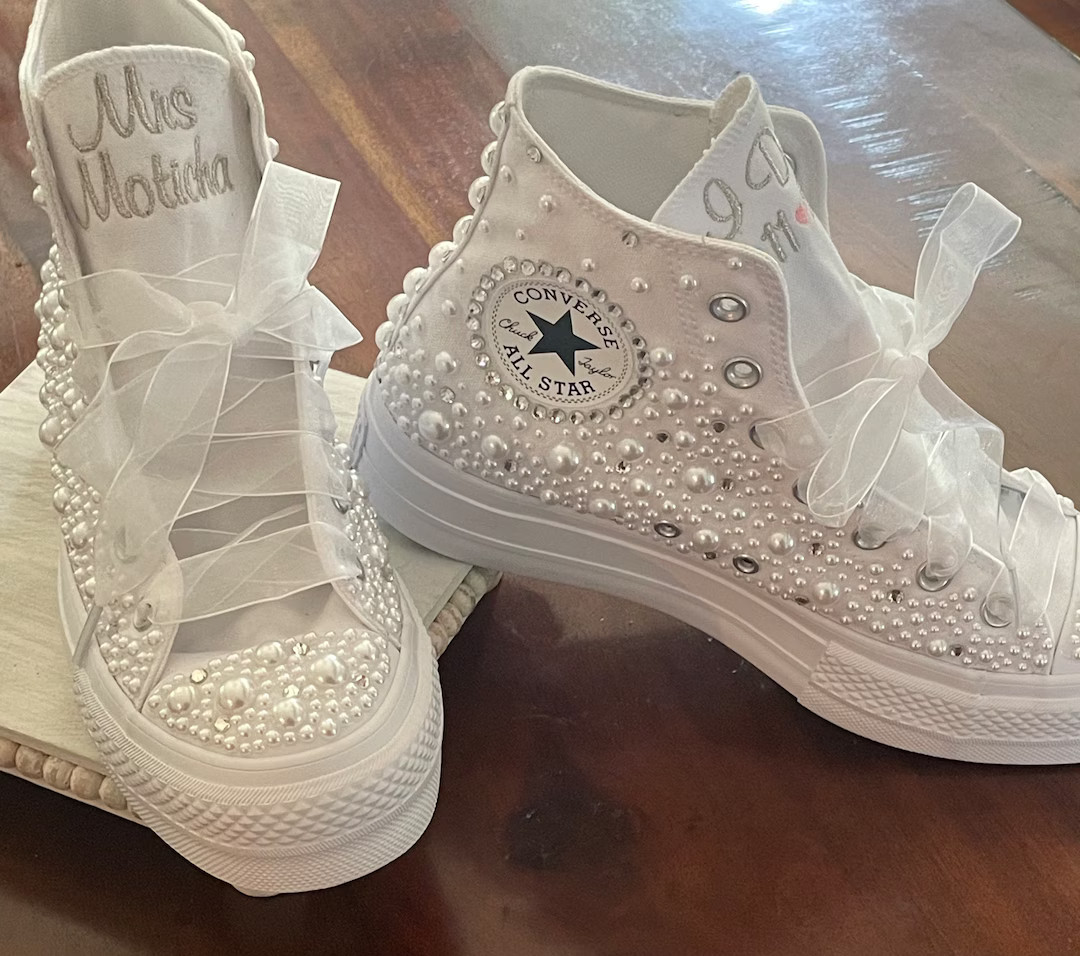 Embroidered Pearl Converse Platform Hi Top Sneakers: Custom Wedding Shoes - Etsy | Etsy (US)