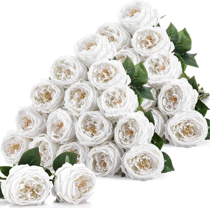 Giegxin 20 Pcs Real Touch Peonies Austin Roses Artificial Flowers, Faux Look Real Long Stems Fake... | Amazon (US)
