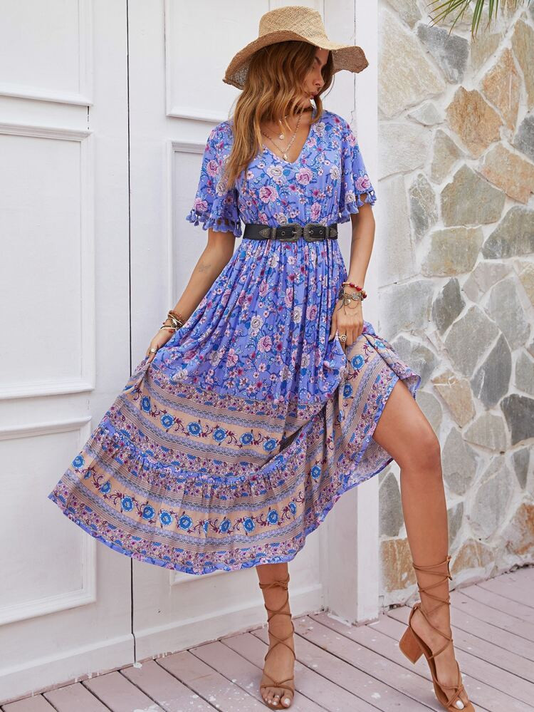 Rusttydustty Floral Print Tassel Trim Ruffle Hem Dress Without Belt | SHEIN