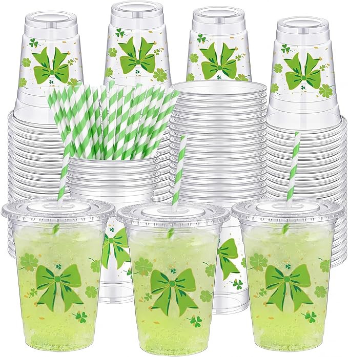 Sliner 50 Pcs 16 oz St. Patrick's Day Cups Bulk Coquette Bow Shamrock Disposable Plastic Cups wit... | Amazon (US)